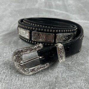 Nocona Belt Size 44 Black Silver Tone Concho's Vintage Leather Western Rodeo